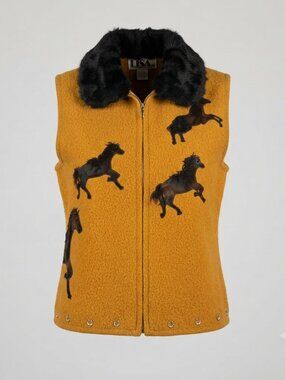 LiSA International Boiled Wool Vest Sz L, Embroidered Horse Applique, Faux Fur C